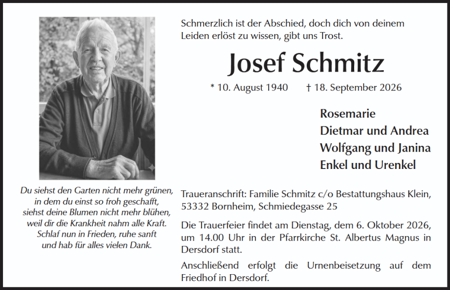 Traueranzeige Josef Schmitz